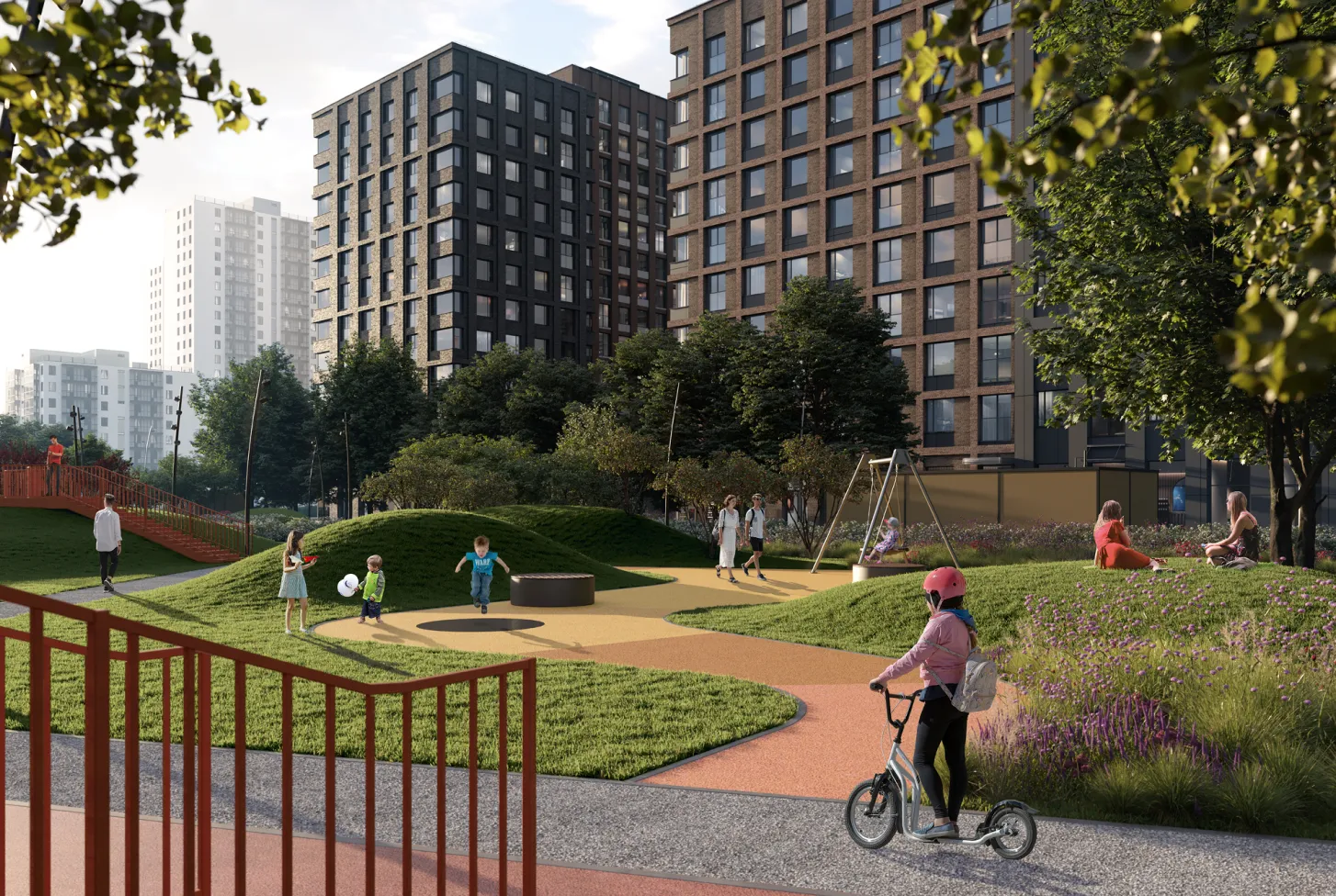 Утренняя прогулка по ЖК баланс — мягкие газоны, извилистые дорожки и корпуса разной высоты задают дню ритм