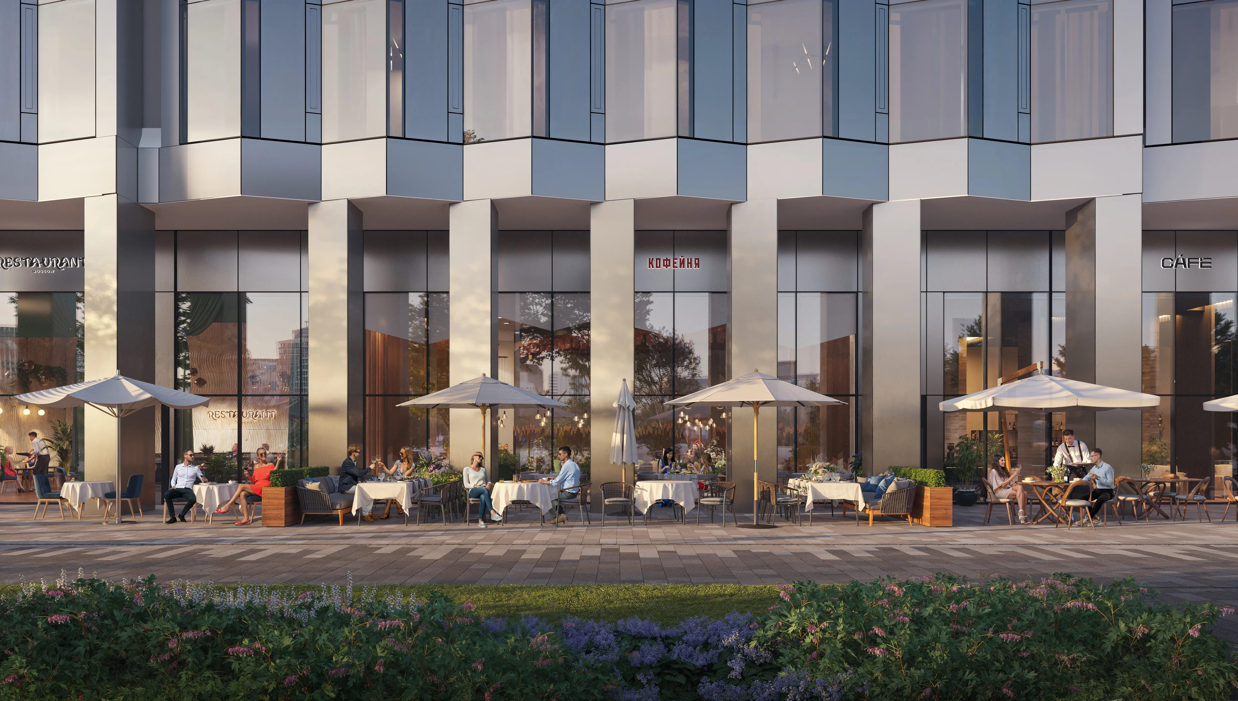 Благоустроенный двор с обилием естественного света в жилом комплексе